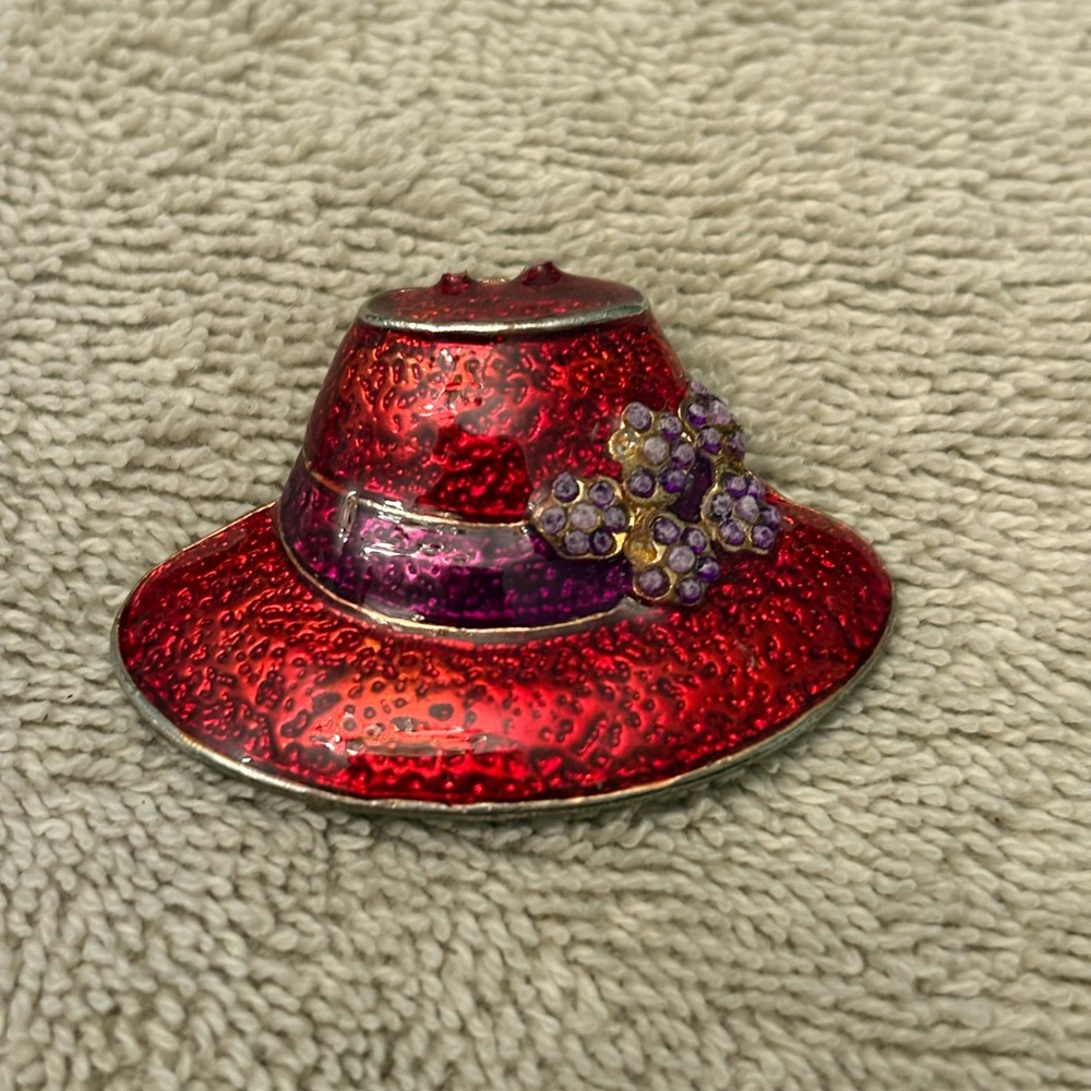 Red Enamel Hat Charm with Purple Flower Accent